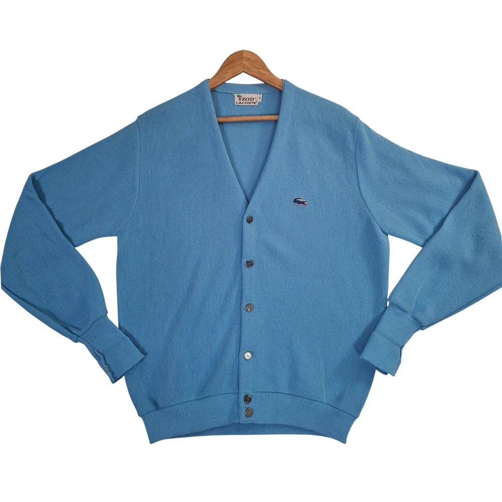 Vintage Izod Lacoste Cardigan Sweater Mens Medium Blue Orlon Acrylic Button 70s